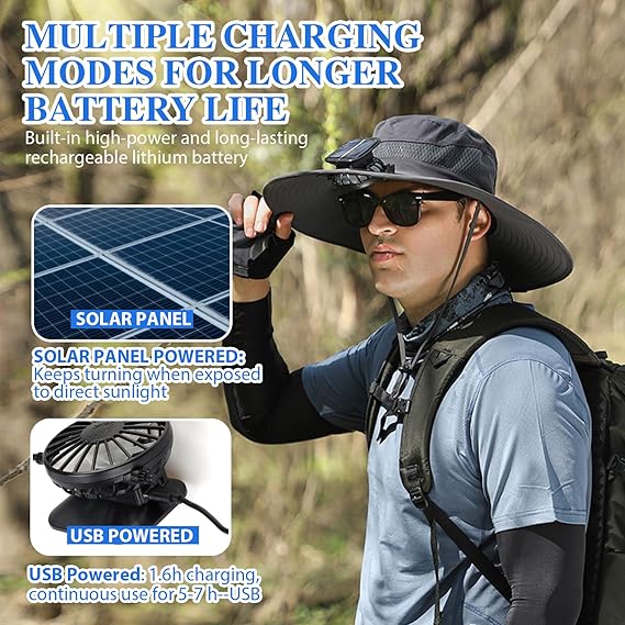 🔥Father's Day Sale 49% OFF - Wide Brim Solar Fan Outdoor Fishing Hat-Solar & USB Charging